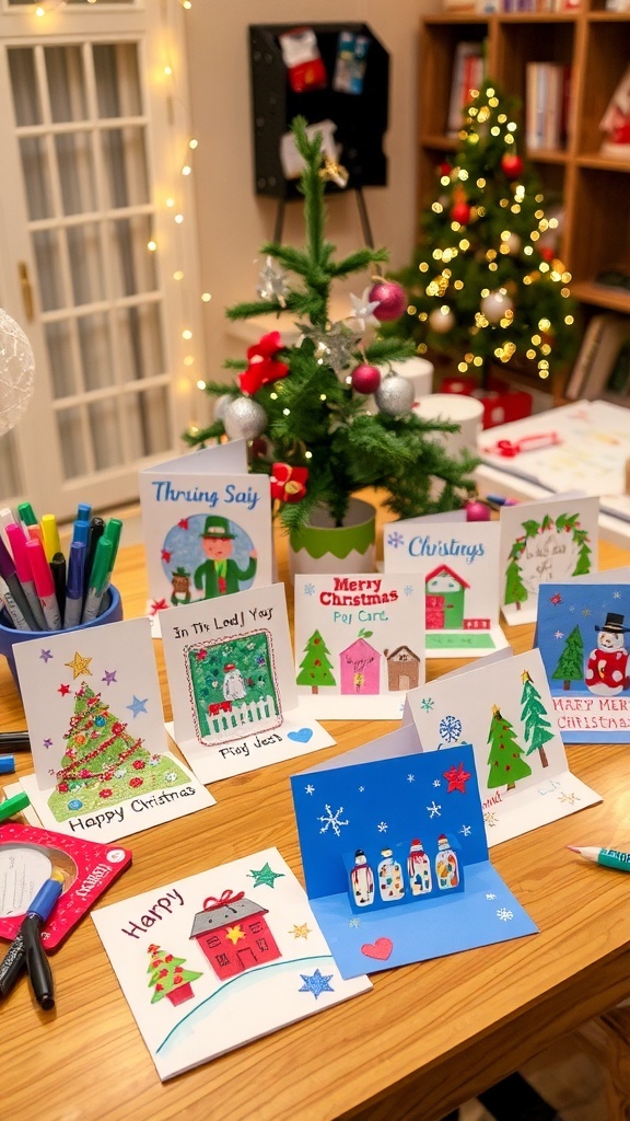 A collection of creative handmade Christmas cards on a wooden table with holiday decorations.